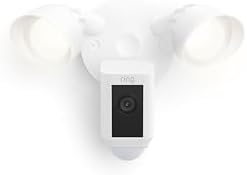 Ring smart floodlight camera with dual adjustable white LED lights showcasing outdoor surveillance setup.