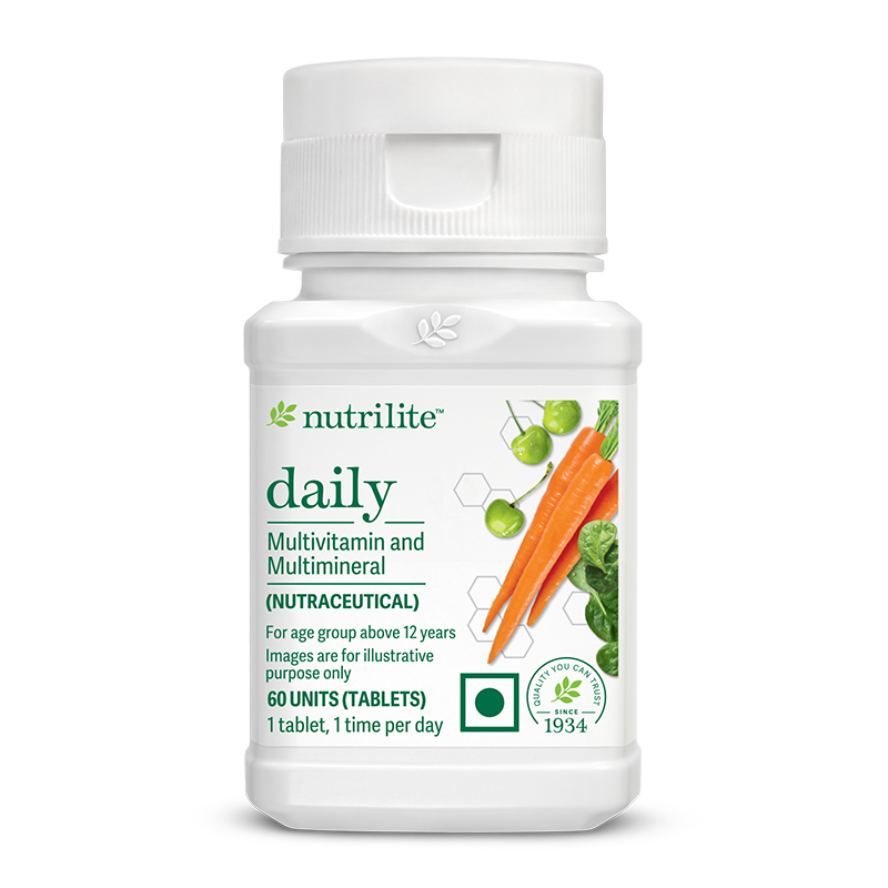 Amway Nutrilite Daily Multivitamin and Multimineral bottle front view showing 60 tablets label for authentic daily wellness support.