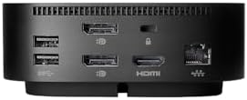 HP universal multi-display docking station showing rear ports including HDMI and DisplayPort connections