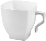 Two ounce disposable white plastic espresso mugs stacked neatly together
