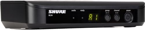 Shure BLX4 single channel tabletop wireless audio receiver side angle view detailing polymer ABS chassis