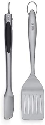 Weber stainless steel slotted spatula closeup showing embossed logo