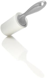 Scotch-Brite lint roller removing fuzz from dark navy clothing.