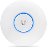 Ubiquiti Networks high density wireless network access point white circular design.