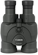 Side angle of the portable lightweight Canon image stabilized binoculars highlighting the central focus wheel.