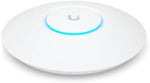 Ubiquiti UniFi 6 plus dual band network device mounted securely on a clean office ceiling surface