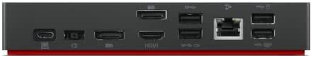 Lenovo docking station model 40AY0090 rear port breakdown highlighting dual DisplayPort and HDMI display connections.