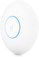 Ubiquiti U6-LR-US enterprise Wi-Fi 6 access point showcasing the rear Ethernet port panel and durable mounting bracket alignment slots