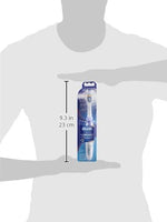 Oral-B battery operated electric toothbrush close up highlighting the rubberized stain polishing bristles.