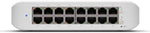 Ubiquiti compact white managed network switch showing PoE plus indicator lights