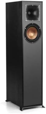 Klipsch floor standing speakers angled view with premium black wood grain vinyl finish.