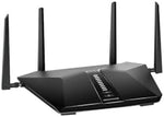 Netgear RAX50 dual band wireless router back panel highlighting five Gigabit Ethernet ports and USB 3.0 port