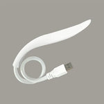 Generic adjustable desk lamp gooseneck close up view showing white plastic casing