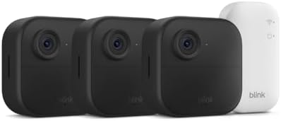 Three Blink 4th generation wireless outdoor cameras arranged next to the central Sync Module Core hub.