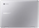 Side profile of the slim Chromebook Plus V2 displaying the USB Type-C connectivity ports and microSD card expansion slot