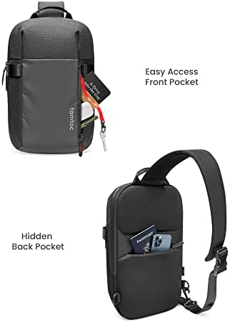 Tomtoc minimalist travel shoulder bag showing close up of durable weather-resistant YKK zippers