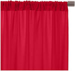 Two panels of red poly premier fabric curtains arranged together as a wide photographic background