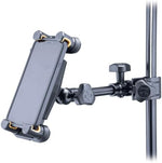 Side perspective of the Hercules device mount attached firmly to a square metal keyboard stand frame.