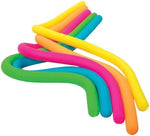Fluorescent neon sensory fidget noodles being stretched and knotted for anxiety and stress relief.