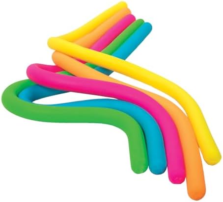 Fluorescent neon sensory fidget noodles being stretched and knotted for anxiety and stress relief.