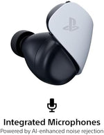 Top down view of Playstation Pulse Explore earbuds and USB link adapter