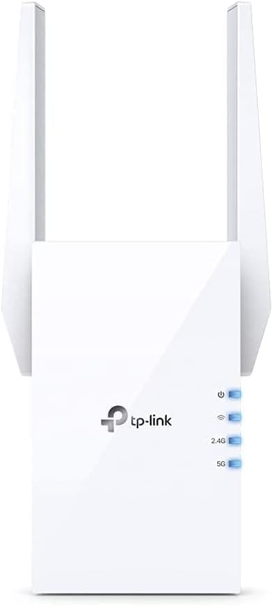TP-Link RE705X wireless extender packaging displaying the technical details and dual-band speed capabilities.