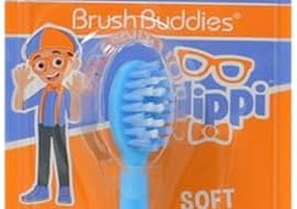 Close up view of the Brush Buddies sonic battery operated children toothbrush handle detailing the easy on off power switch.