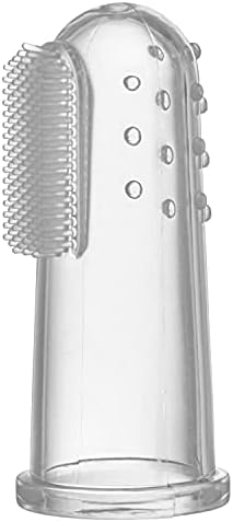 Dual-sided silicone toothbrush for infants showing textured massaging side.