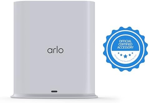 Arlo security camera base station angled view highlighting the compact profile and premium build quality.
