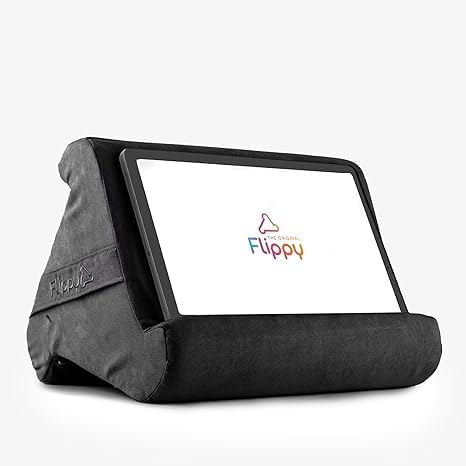 Flippy original tablet pillow stand in smokey front view showcasing multi angle device placement