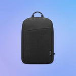 Lenovo 16 inch laptop backpack being worn by a commuter highlighting its lightweight design.