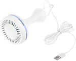 VizGiz five volt ceiling fan connected to a portable power bank on a wooden table to show alternative power options.