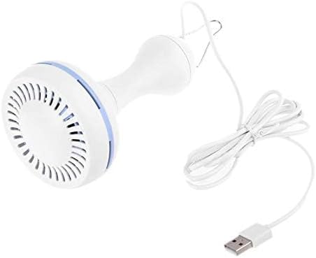 VizGiz five volt ceiling fan connected to a portable power bank on a wooden table to show alternative power options.