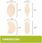 Four different shapes of beige moleskin blister tape for custom foot protection