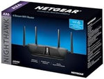 NETGEAR Nighthawk smart home router packaging showing technical specifications for premium wireless coverage