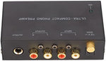 Dpofirs compact phono preamplifier rear panel highlighting stereo RCA inputs and outputs with ground post