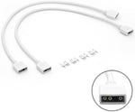Two pieces of white 5V 3-pin female to female addressable RGB adapter cables laid flat with four included male pins.