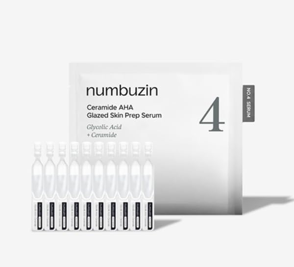 Numbuzin Number Four Ceramide AHA Glazed Skin Prep Serum Mini Kit front view showing ten individual single use exfoliating ampoules