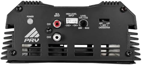 PRV Audio full range digital mini amplifier packaging box with certified technical specification labels clearly visible.
