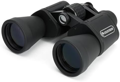 Angled view of the Celestron seventy-one thousand two hundred fifty-six wide angle binocular displaying the large fifty millimeter objective lenses.