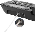 Seefeful imported white telecommunication cord setup connecting a landline phone and internet modem device