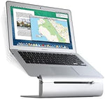 Ergonomic silver notebook stand showing the adjustable height front slider track