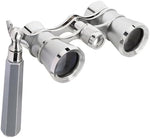 Close up view of the fully multi coated BaK-4 glass lenses on the silver opera glasses