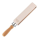 DOVO Solingen premium razor paddle strop with wood handle front view showing the genuine cowhide leather sharpening surface.