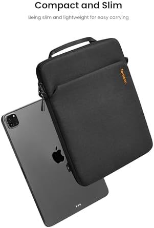 Tomtoc iPad sleeve bag rear view highlighting the clean stitching and adjustable nylon shoulder strap connections.
