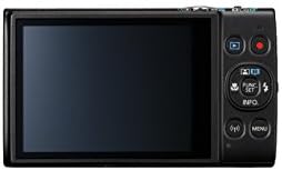 Sleek black Canon compact camera showing the 12x optical zoom extended lens