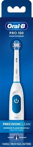 Oral-B Pro 100 battery powered toothbrush standing upright with its round oscillating brush head.