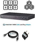 Dynastar multi region Blu-ray player bundle layout displaying remote control and six foot HDMI cable