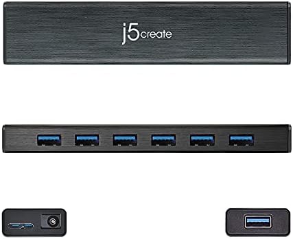 J5create JUH377 device setup on a workspace illustrating multi-device management and stable power routing.