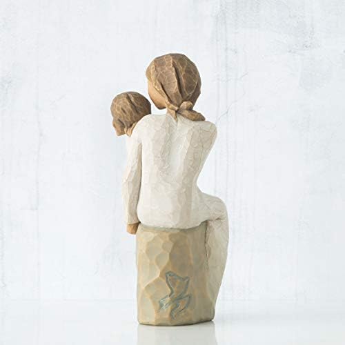 Willow Tree Mother Daughter collectible displayed on a wooden mantel shelf